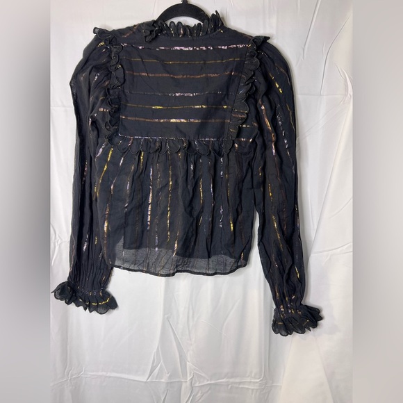 FARM RIO Metallic Stripe Ruffle Shirt In Black - Picture 8 of 8